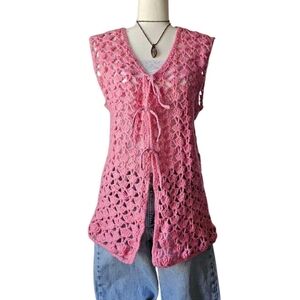 Handmade Pink Crochet Sleeveless Top Cardigan